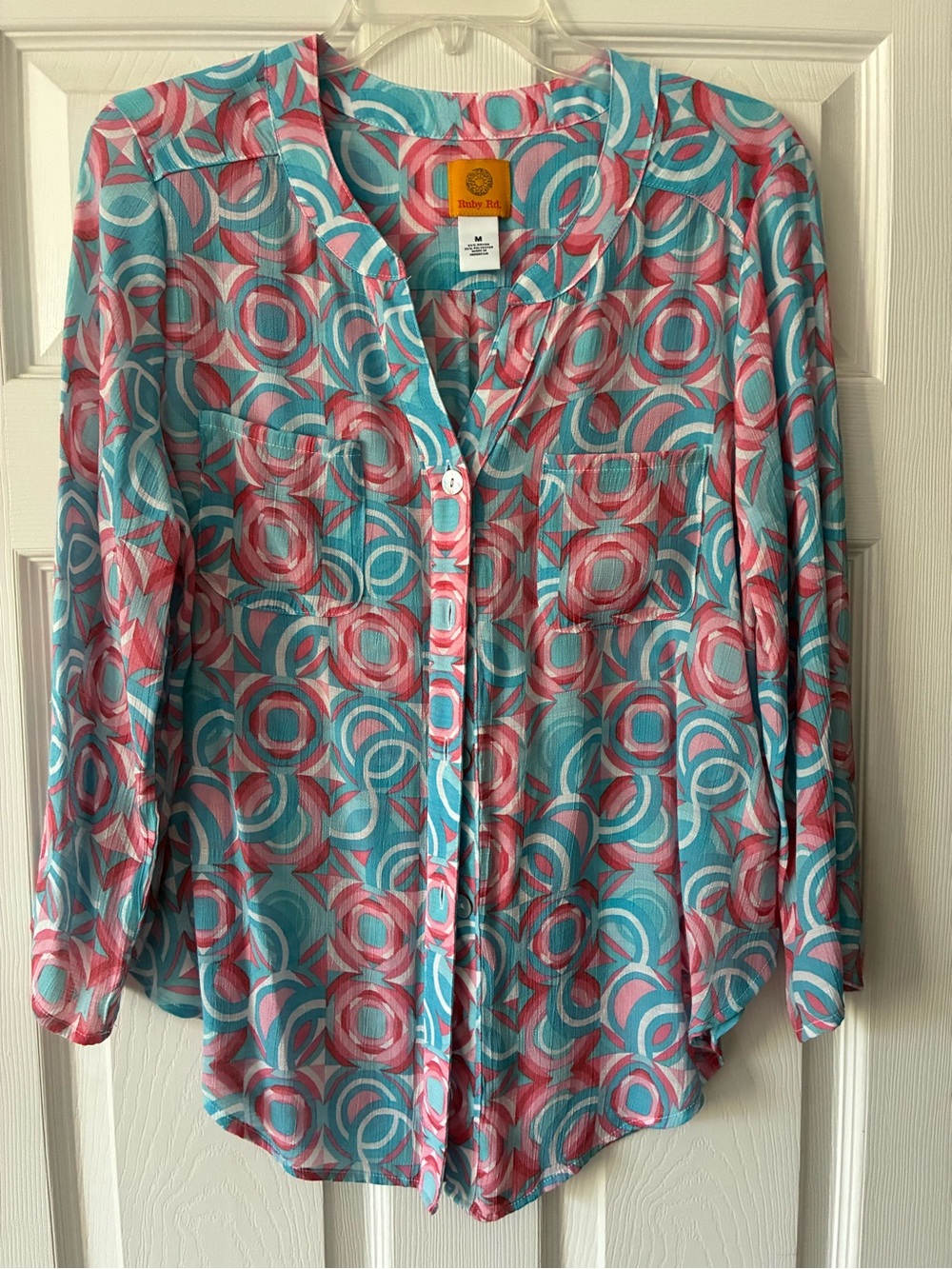 Ruby Rd. Pink & Blue Printed Button-Front Blouse - Picture 2 of 5